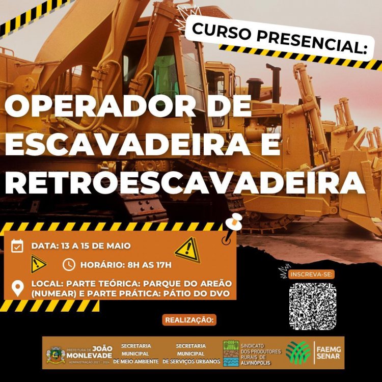 Prefeitura de João Monlevade e Senar oferecem Curso de Operador de Escavadeira e Retroescavadeira